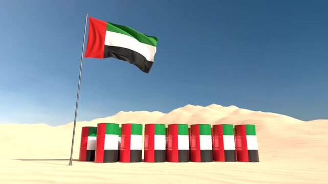 United Arab Emirates oil barrels in desert with national flag, Looping video. 3D Render
