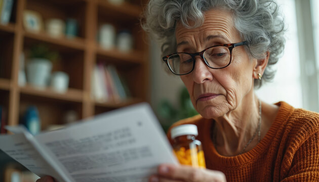 Elderly woman with glasses carefully reads medication instructions and checks pill bottle. She seeks understanding of dosage and health directions at home.