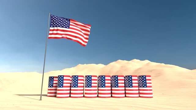 America oil barrels in desert with national flag, Looping video. 3D Render