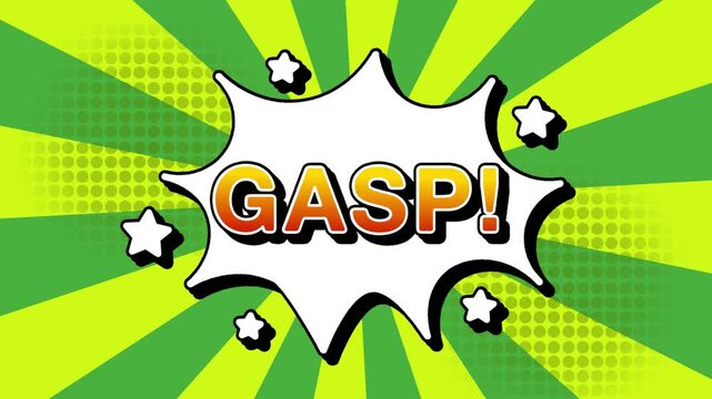 gasp text word lettering popup comic cartoon reveal with bomb and smoke explosion manga anime book page dots with radial speed lines doodle green background with seamless loop animation retro clip