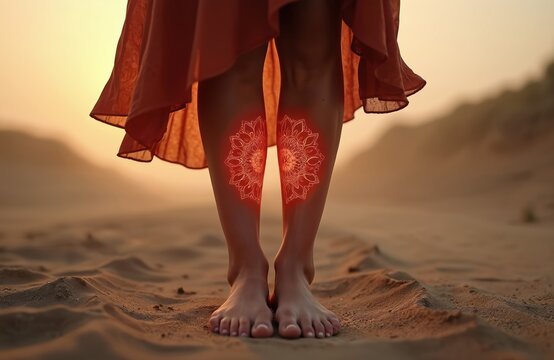 Bare feet on sand with glowing red mandala designs on calves. Symbolizes grounding root chakra energy. Connects to earth, stability, and inner peace during sunset.