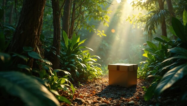 Cardboard box sits on forest path. Sunlight beams through jungle leaves creating mystery. Package waits, ready for delivery or discovery on nature trail. Exploration theme.