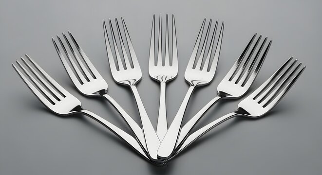 グレーの背景に扇状に並べられた6本の光沢のあるステンレス製のフォーク、銀色の食器の配置 fork silverware cutlery metal stainless