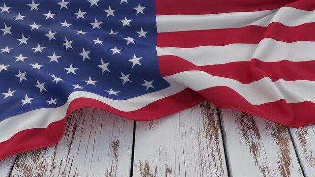 Close-up United States flag draped over rustic wooden surface, stars and stripes visible, symbolizing patriotism, heritage, identity, and national pride.
