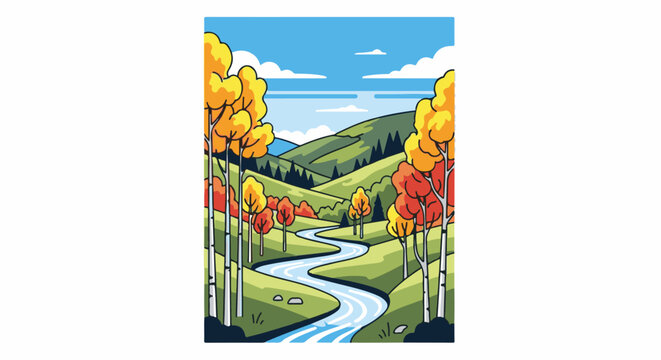 Autumn scene with a winding river flowing through rolling green hills and colorful trees under a blue sky with clouds