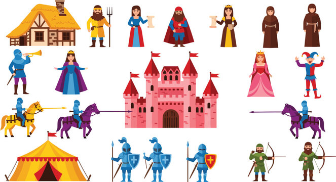Medieval Fantasy Illustration Set Featuring Castles, Knights, Princesses, Archers, and Traditional Elements for Fantasy, Historical, and Adventure Design Projects.