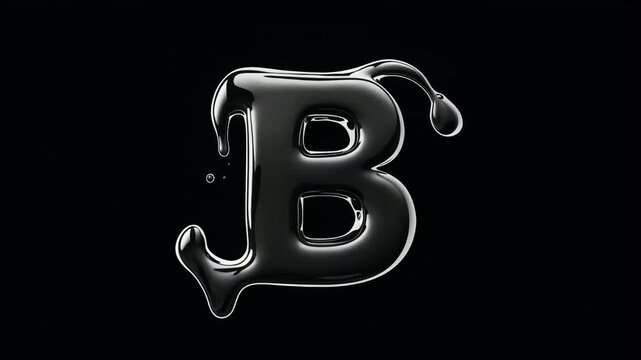 Three Dimensional Glossy Black Liquid Letter B with Melting Drip Effect Isolated on Dark Background