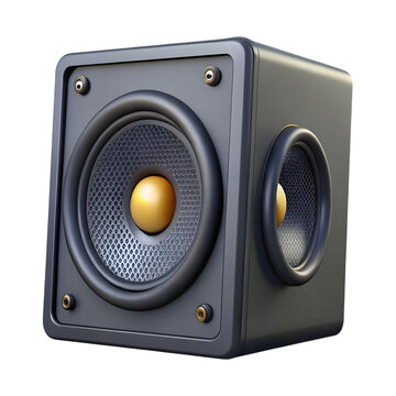 A modern cube shaped subwoofer with a metallic gold dome tweeter on transparent background