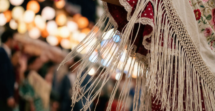 Close up of traditional flamenco shawl with long fringe and embroidery during lively Seville April Fair celebration