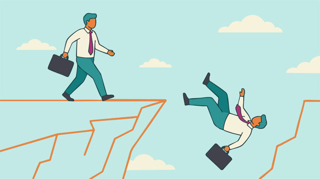 Businessman falling into a chasm, symbolizing business risk and financial crisis