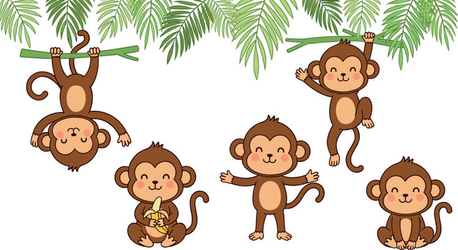 Cute cartoon monkeys set hanging sitting and playing on jungle branches with tropical leaves illustration