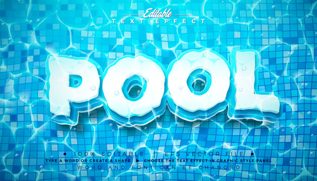 Pool Text Effect Design Editable Vector Graphic Style Effect with Wave Water and Typography Lettering on Blue Swimming Pool Tiles Background. Premium Scalable Mockup Illustration Template for Banner, 