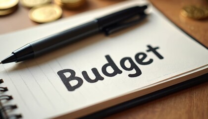 Obraz premium Notebook with word budget written on page, pen and coins near. Financial planning, money management, and expense tracking concept for personal finance.