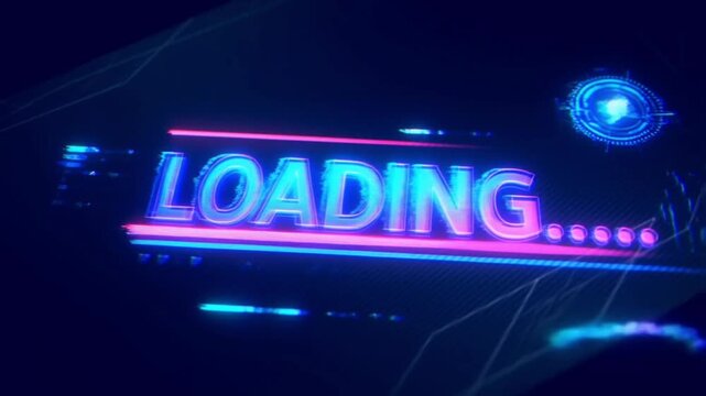 Futuristic loading text with neon glitch effect on digital dark background for gaming interface