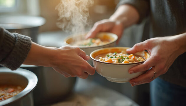Volunteer hands offer steaming bowls of food to someone in need. A warm meal is served in a community kitchen. Kindness and compassion are shared through this charitable act of giving.