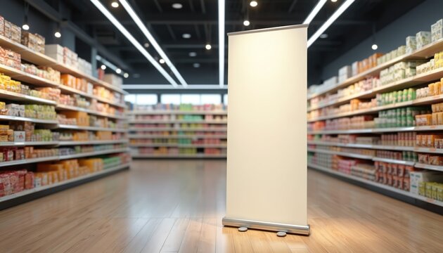 Cream pull-up banner stands on supermarket floor. Shelves full of goods surround blank display for advertisement. Modern retail store interior for promotion and marketing needs.