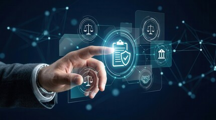Naklejka premium Businessman interacting with digital compliance and legal icons on a futuristic interface.
