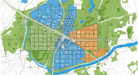 Fototapeta premium Aerial view of urban planning map showing green spaces, residential blocks, and a river