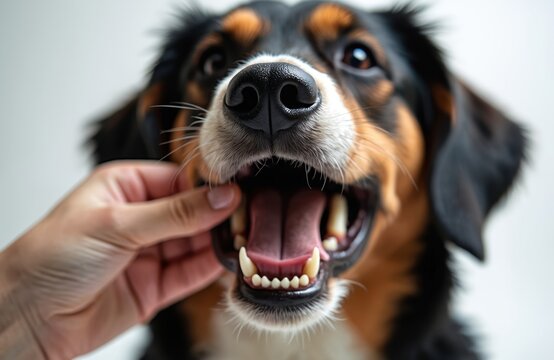 Faceless person checks dog mouth showing healthy teeth. Owner inspects pet canine dental condition. Dog open muzzle reveals clean gums and sharp incisors. Vet care concept.