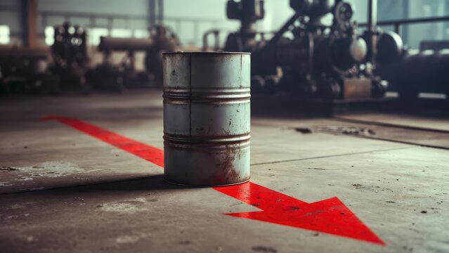 Oil barrels with a downward red arrow indicating decline in oil prices, representing market instability, trade war, and economic downturn.