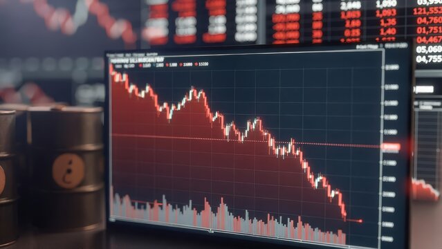 Oil barrels with a downward red arrow indicating decline in oil prices, representing market instability, trade war, and economic downturn.