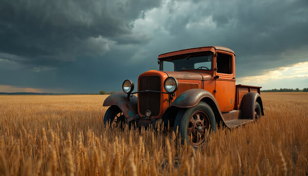 Rusted orange pickup truck sits in golden wheat field under stormy sky. Aged vehicle rests, weathered metal, classic auto, vintage transport, rural landscape, outdoor scene, farmland backdrop,