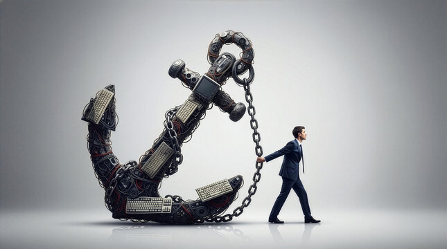Businessman dragging heavy anchor made of keyboards and wires, AI generated