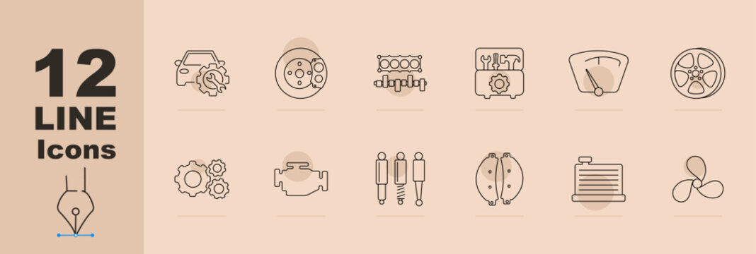 Car service and automotive parts line icons set with repair service, brake disc, engine system, gearbox, speedometer, wheel rim, gears, engine block, shock absorbers, brake pads, radiator cooling fan