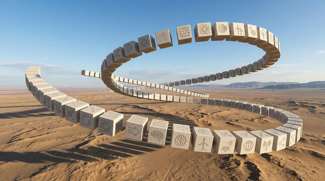 Surreal floating cubes forming an infinite loop over a desert landscape, each marked with tech and innovation symbols, representing continuous progress, data flow, AI, and interconnected future system