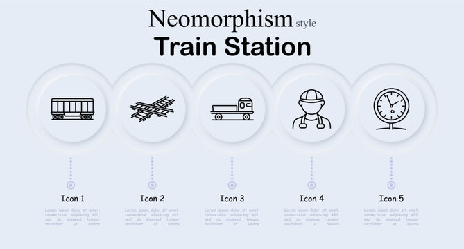 Train station concept icon set in neumorphism style. Line icons showing cargo train wagon, railway crossing tracks, rail platform trolley, railway worker engineer