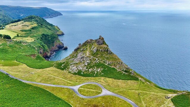 Aerial drone view of the turning cicle roundabout at Valley of Rocks near Lynton in Exmoor, Devon