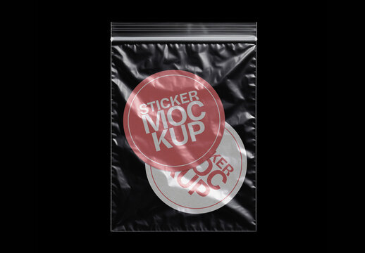 Round Sticker Mockup Inside Transparent Zipper Plastic Bag