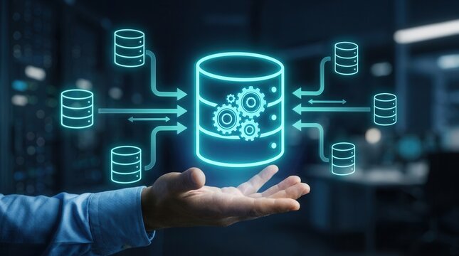 Data integration and ETL process illustrating a digital data pipeline and data warehouse.