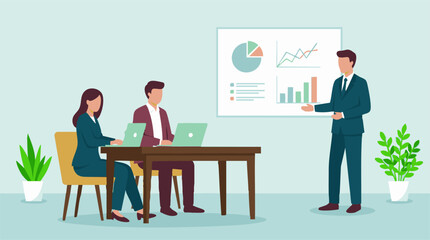 Fototapeta premium Business presentation with data charts and team collaboration in the office