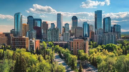 Fototapeta premium Stunning Calgary City Skyline Featuring Modern High-Rise Buildings and Lush Greenery Under Blue Sky