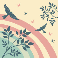 Naklejka premium Birds flying amidst stylized tree branches against a soft pastel rainbow striped background symbolizing nature freedom hope peace with light colors branches illustration silhouette tranquil
