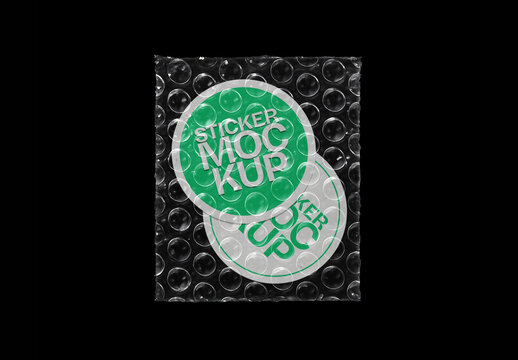 Round Sticker Mockup Inside Transparent Bubble Wrap Protective Bag