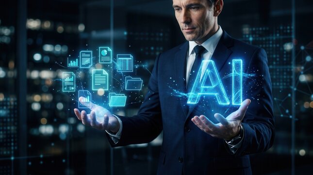 Businessperson holding glowing AI and document icons for intelligent document processing.