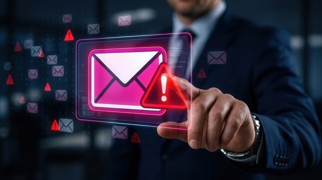 Email security software detecting phishing and scam mail with a warning alert.