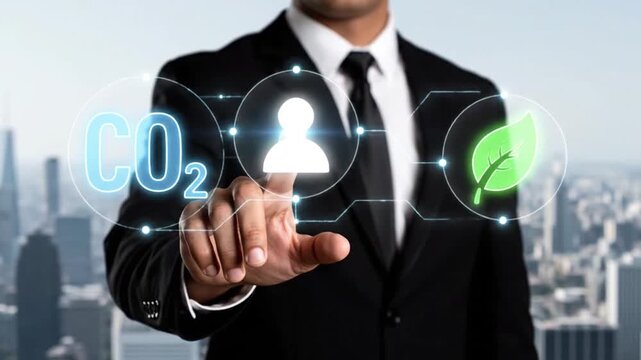 Businessman Interacting with Carbon Footprint and CO2 Emission Reduction Icons on Futuristic Virtual Interface in City