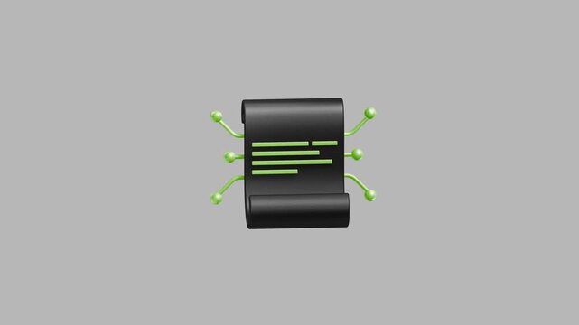 Digital smart contract scroll icon with green nodes representing blockchain technology and secure legal agreements for modern fintech applications