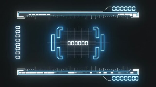 Futuristic digital heads up display HUD interface with targeting brackets and data counters on dark background