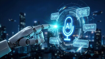 Fototapeta premium Robotic hand touching a virtual control interface with advanced AI technology and multilingual capabilities.