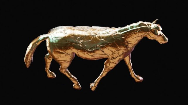 Textured golden horse sculpture in mid stride walking through a black void with vibrant iridescent colors on the metallic skin
