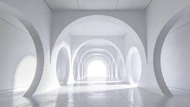 Bright minimalist interior with repeating arches, clean white surfaces and glowing perspective. Abstract futuristic architecture with symmetry, depth and elegant space.