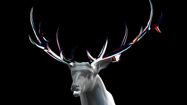 Closeup of a silver deer head with vibrant iridescent antlers glowing against a black background in a futuristic digital composition