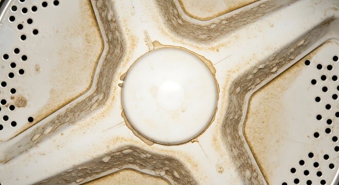 Close up view of dirty washing machine drum interior.