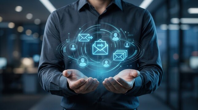 A businessperson holding glowing mail icons for email marketing and mailing list management.