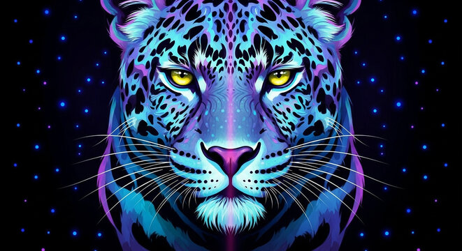 Vibrant neon leopard face with yellow eyes on starry night background