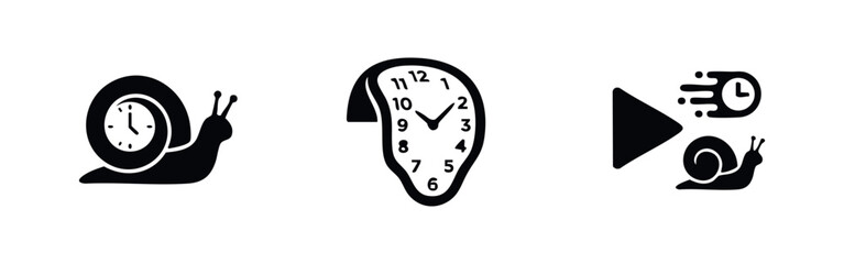 Black minimalist icons representing time concepts: snail clock for slowness, melting clock for surrealism, and slow-motion playback symbol. © Lili